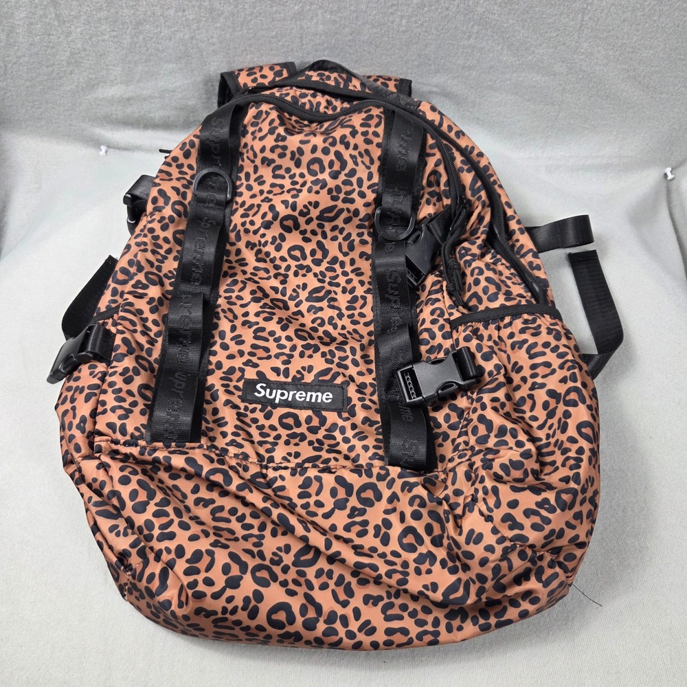 Supreme Backpack Womens OS Leopard Print Excellent Buckle Straps Logo Webbing